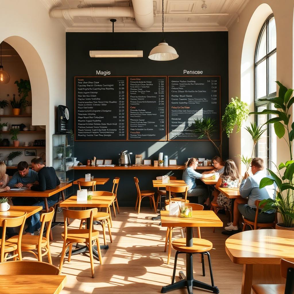 Scrambler Cafe interior with wooden tables, plants and a chalkboard menu