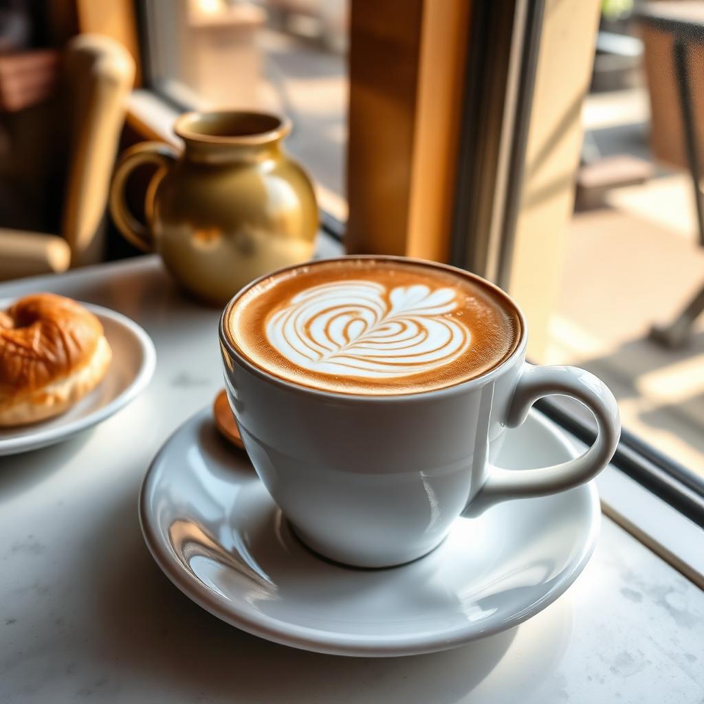 Latte with rosetta latte art in a white ceramic mug